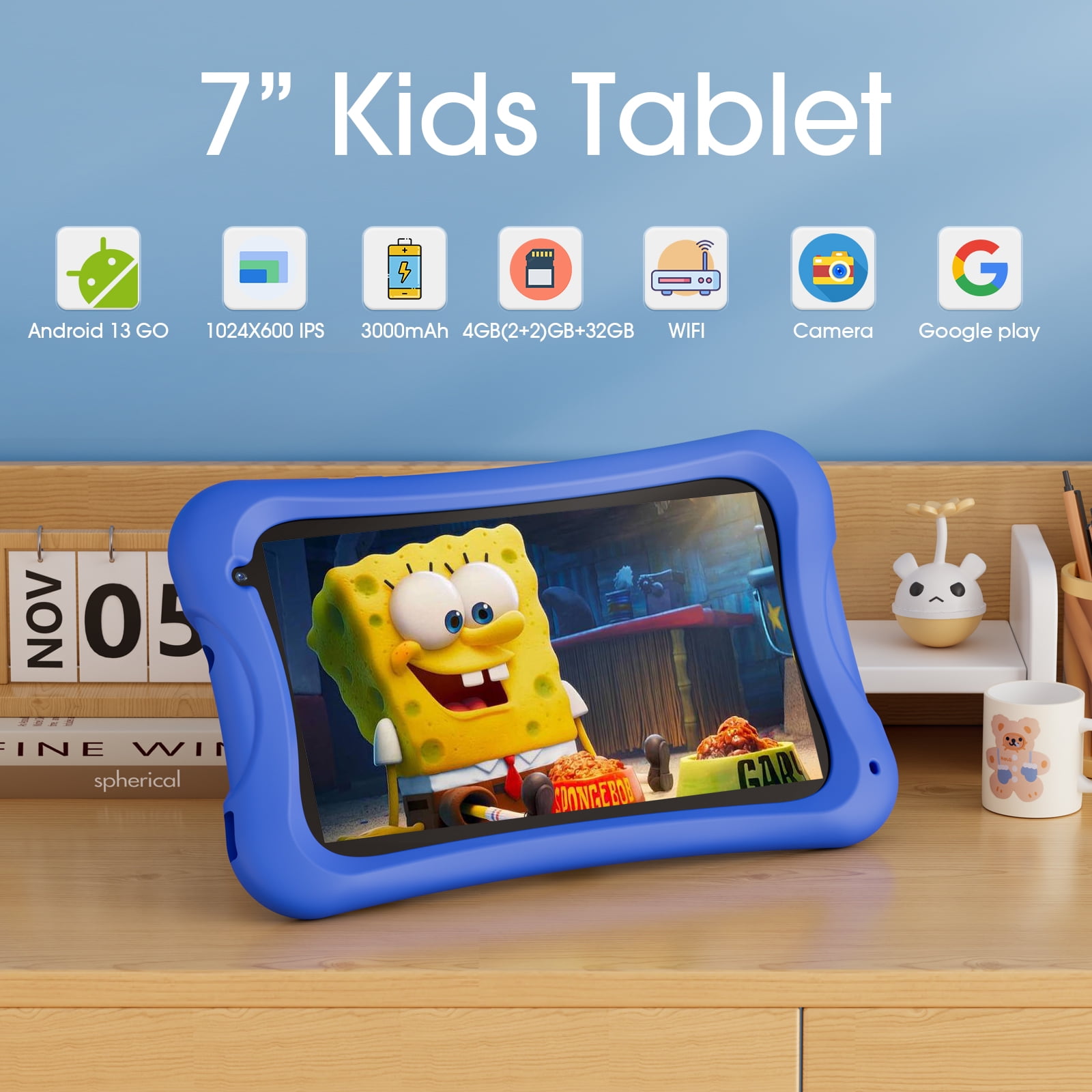 Digiland Kids Tablet 7 inch,Android 13 Go Quad Core Tablet for Toddler with IWAWA App, 32GB ROM+5GB RAM,Parent Control,Wi-Fi,Blue