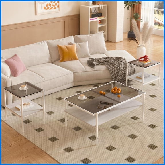 Modern 3-Piece Coffee & End Table Set - Gray Tempered Glass, Easy-Clean & Storage-Smart for Living Room