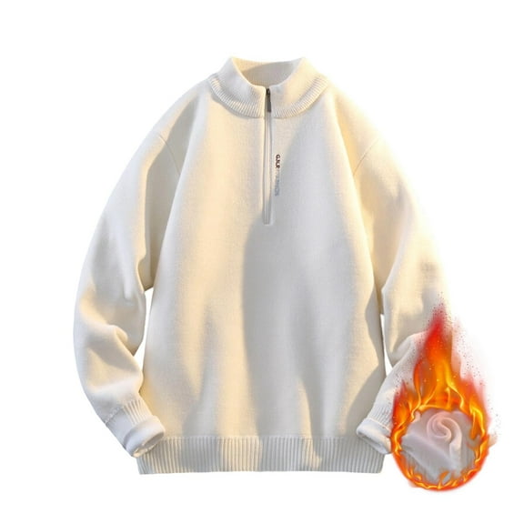 LpwkSSA Men's Fleece lined Quarter Zip Up Pullover Loose Fit Solid Color Thick Velvet Stand Up Collar Long Sleeve Sweater Beige XXXXL