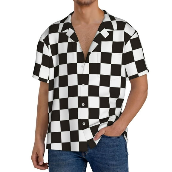 Hirioo Black and White Checkerboard for Men's Cuban Collar Short Sleeve Shirt Button Down Shirt Beach Summer Shirts Wedding Vacation Shirts-XX-Large
