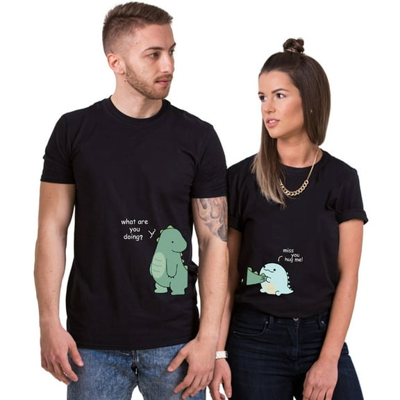 Colevkie Cute Dinosaur Couple Tshirt for Husband Wife Him and Her,His and Her T-shirt Valentine day Anniversary,Crew Neck,1 Piece(Black-Men,XS)