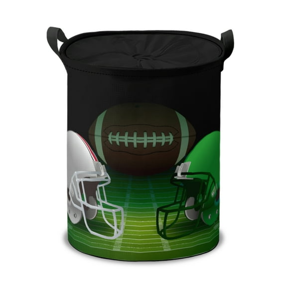 American Football Field Helmets Ball Round Laundry Hamper with Drawstring, Collapsible Dirty Clothes Storage Basket, Bedroom Nursery Dorm Bin for Toys Baby