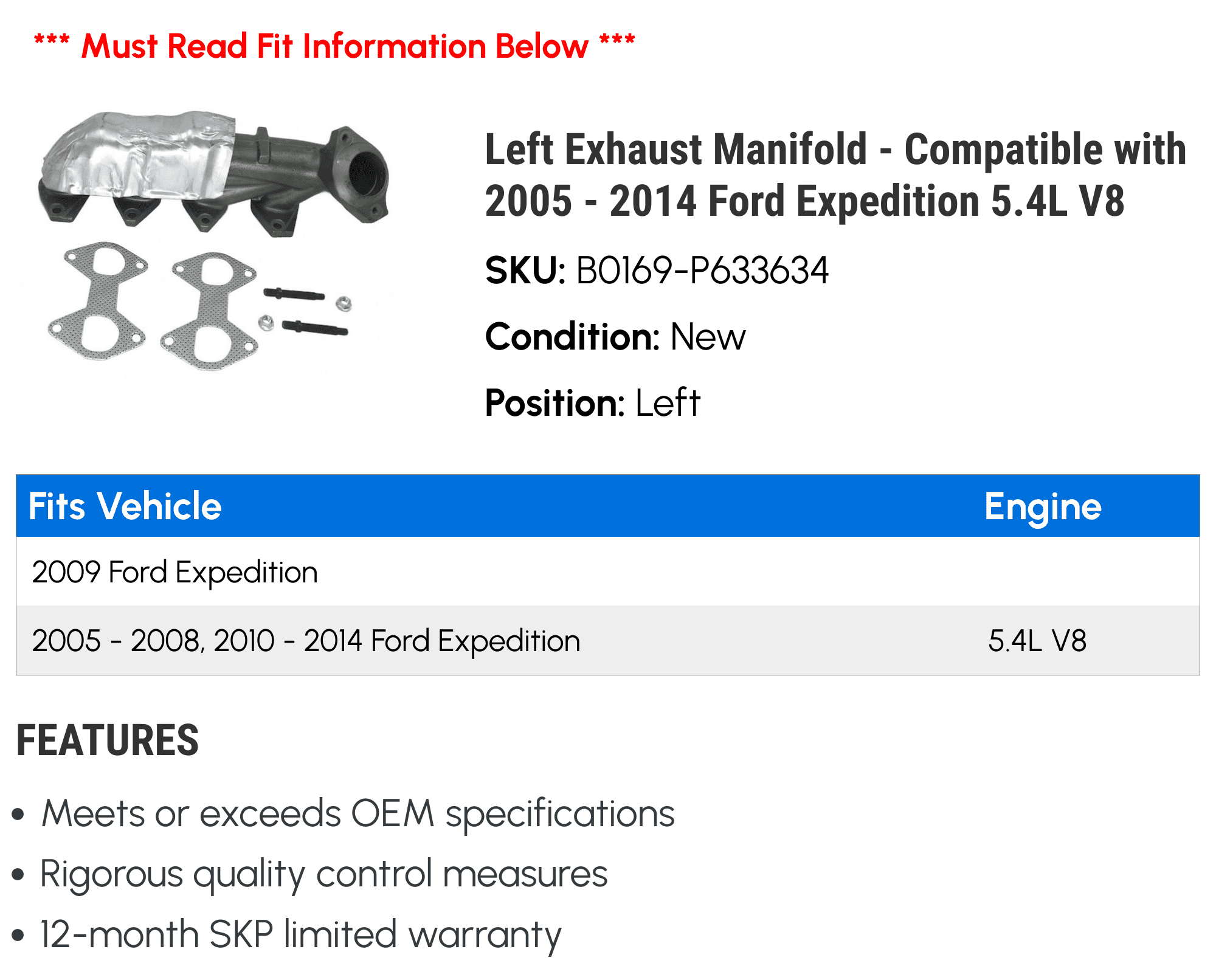 Left Exhaust Manifold - Compatible with 2005 - 2014 Ford Expedition 5.4L V8 2006 2007 2008 2009 2010 2011 2012 2013