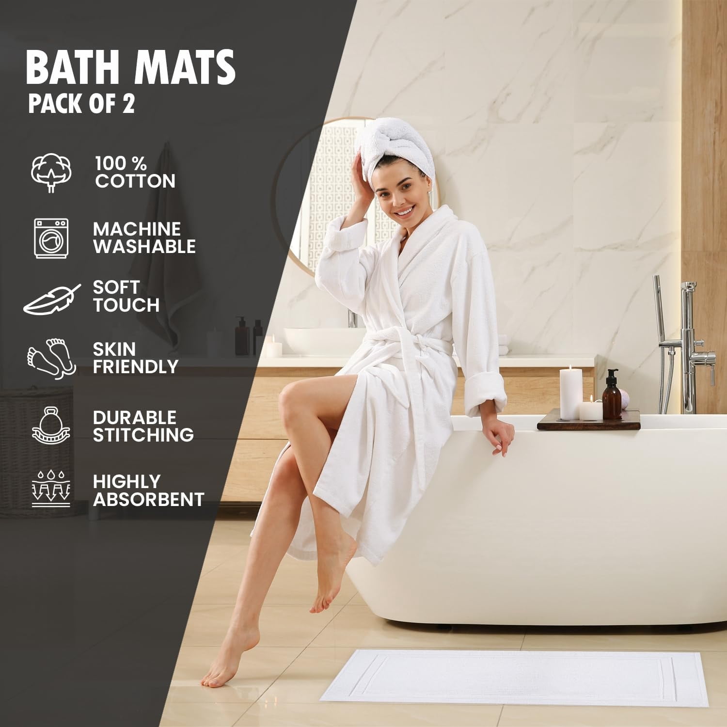 Premium Cotton Banded White Bath Mats Pack of 2, 22x34 inches [Not a Bathroom Rug] - Infinitee Xclusives