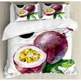 thumbnail image 1 of Fruit Queen Size Duvet Cover Set, Hand Drawn Watercolor Passion Fruit with Foliage Color Splashes Backdrop, Decorative 3 Piece Bedding Set with 2 Pillow Shams, Purple Green and Black, by Ambesonne, 1 of 3