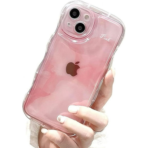 Compatible with iPhone Case,Gradient Color Curly Wave Frame Camera Lens Protection Clear Soft Shockproof Cover Phone Case (Pink,iPhone 14 Plus)