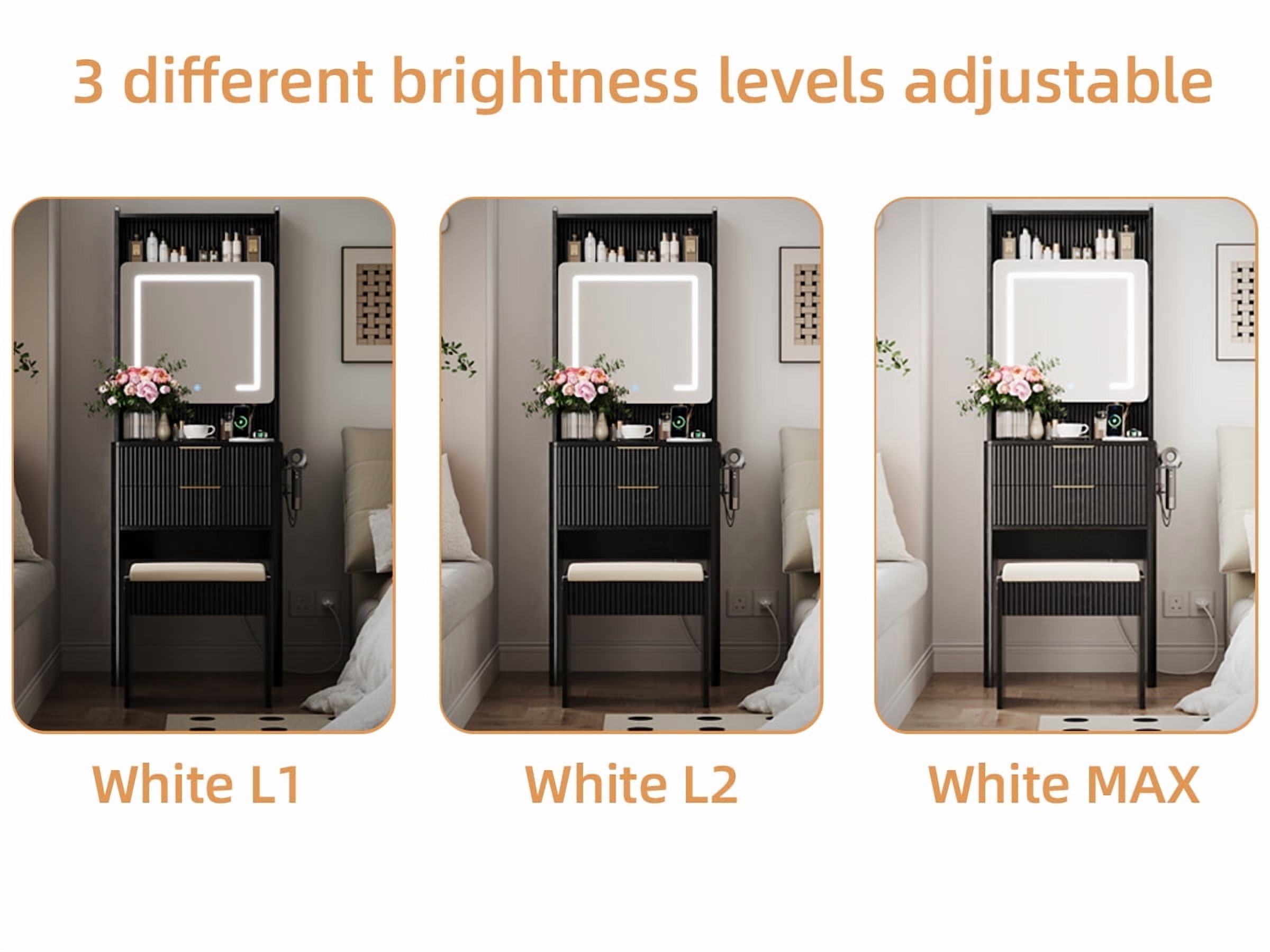 UGTOO 3-in-1 Foldable Vanity Desk with LED Lights & Charging Station, Black Makeup Table with Mirror, 2 Drawers & Stool, Space-Saving Dressing Table for Small Bedrooms (21.65"L)