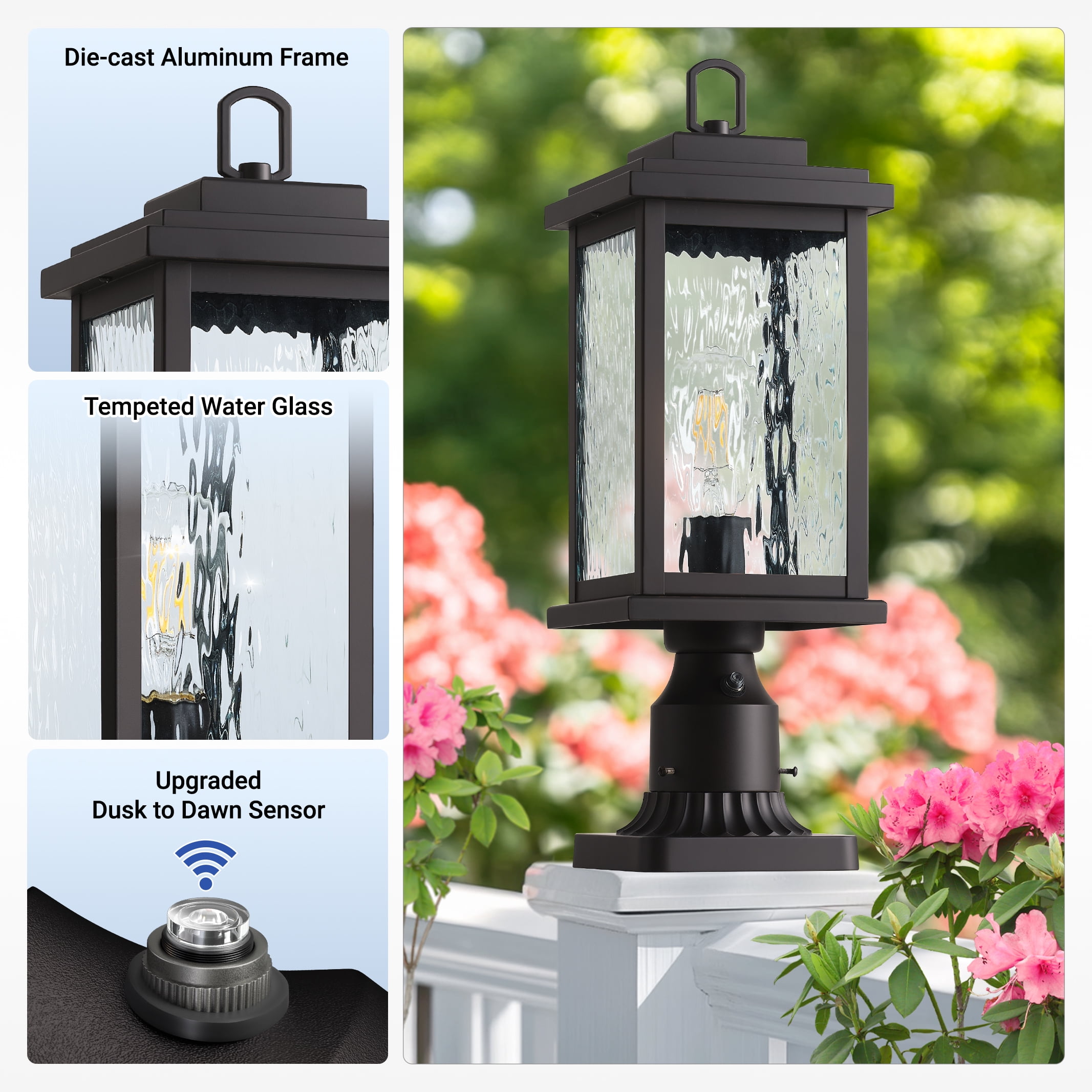 VIANIS Large Dusk to Dawn Outdoor Post Lights, Oil Rubbed Bronze Hardwired Waterproof Outside Lamp Post with Pier Mount Base, 3-inch Aluminum Post Light with Tempered Glass for Garage, Garden