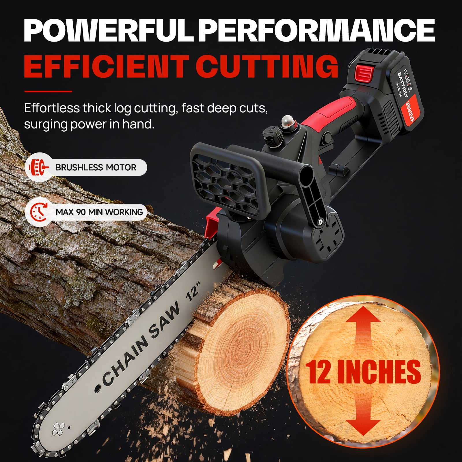 BAOKALER 12" 1800W Cordless Chainsaw, Handheld Electric ChainSaws with 2 x 2.0Ah Batteries & Fast Charger, 3 Chains & 2 Guide Bars, for Wood Cutting, Tree Pruning and Trimming, Red