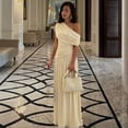 thumbnail image 2 of Apricot Women One Shoulder Ruched Maxi Dress Asymmetrical Draped Neck Slim Fit Evening Party Gown, 2 of 5