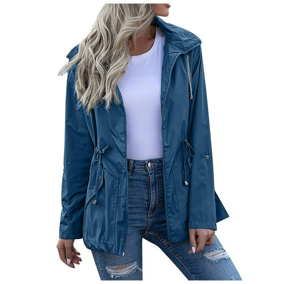 PMVFHDE Women's Raincoat Women's Hooded Zipper Raincoat Women's Winter Medium Long Women's Raincoat Blue,XL