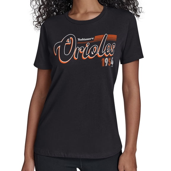 Women's Starter  Black Baltimore Orioles Groovy Script Team Fitted T-Shirt