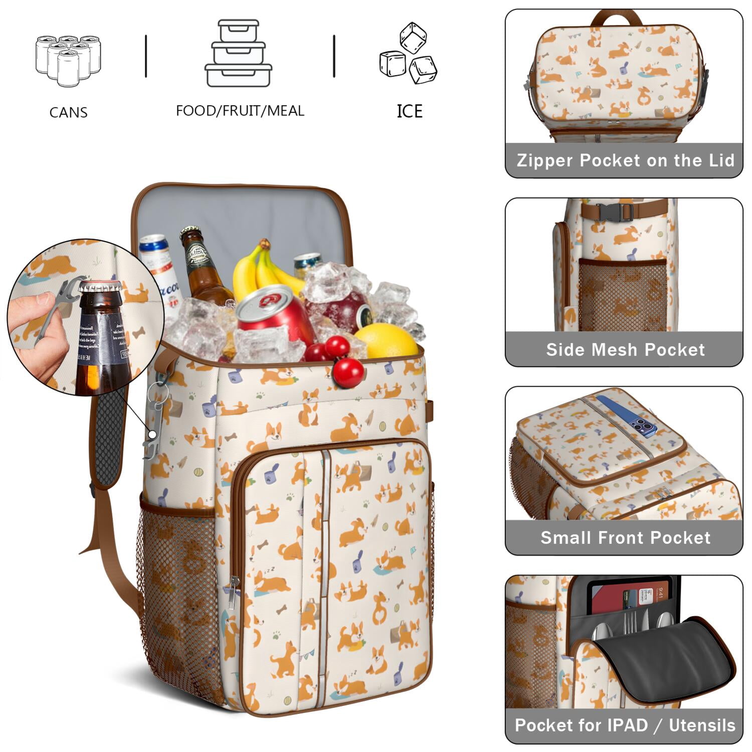 Travel Cooler Bag - Cartoon Corgi Camping Beer Cooler Backpack with Bottle Opener- Waterproof Insulated Picnic Backpacks - Cooler Bag for Beach