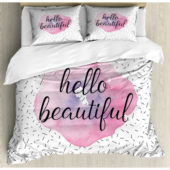 Hello King Size Duvet Cover Set, Inspiring Quote Watercolor Flower Pattern and Celebration Background, Decorative 3 Piece Bedding Set with 2 Pillow Shams, Pale Pink Lavander Black, by Ambesonne