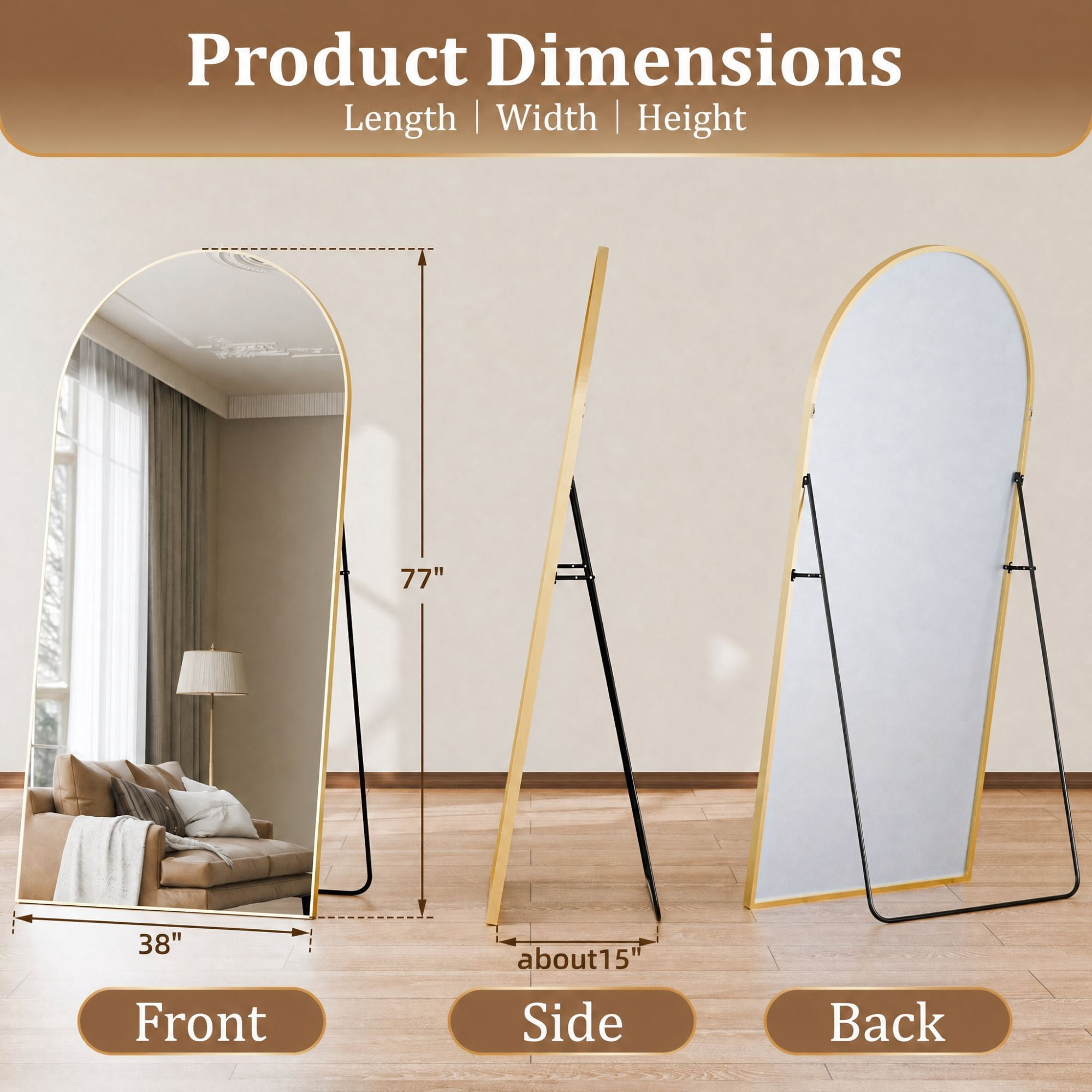 Easy4Home 77"x 38" Arch-Top Oversized Full Length Mirror Metal Frame Freestading Floor Mirror, Gold