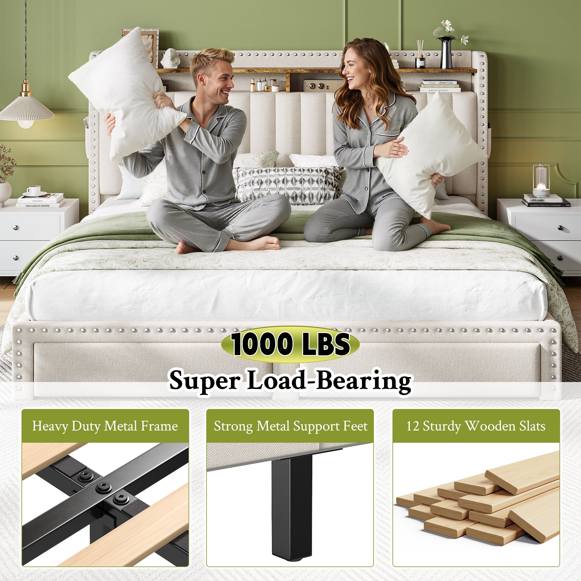 EnHomee King Size Modern Metal and Wood Standard Bed with Storage, Beige