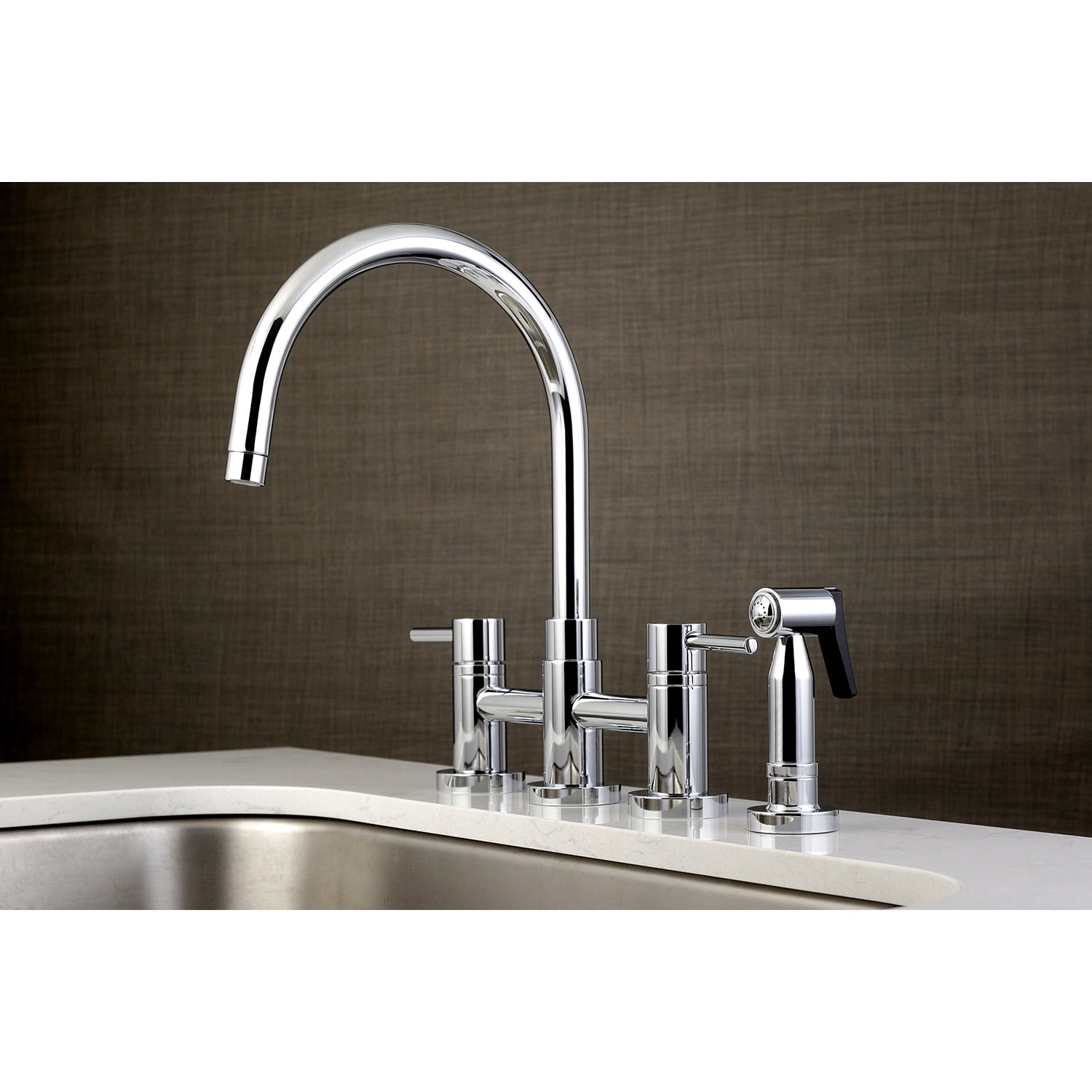 Kingston Brass KS8271DLBS Concord Two-Handle Bridge Kitchen Faucet with Brass Side Sprayer, Polished Chrome