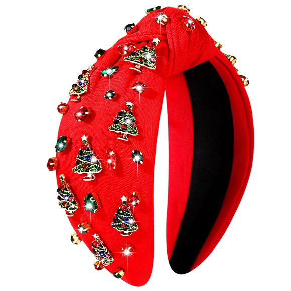 Jeweled Christmas Tree Headband with Embellished Crystals and Pearls - Wide Top Knot Knotted Headbands for Women Holiday Hair Accessories and Outfits Gift