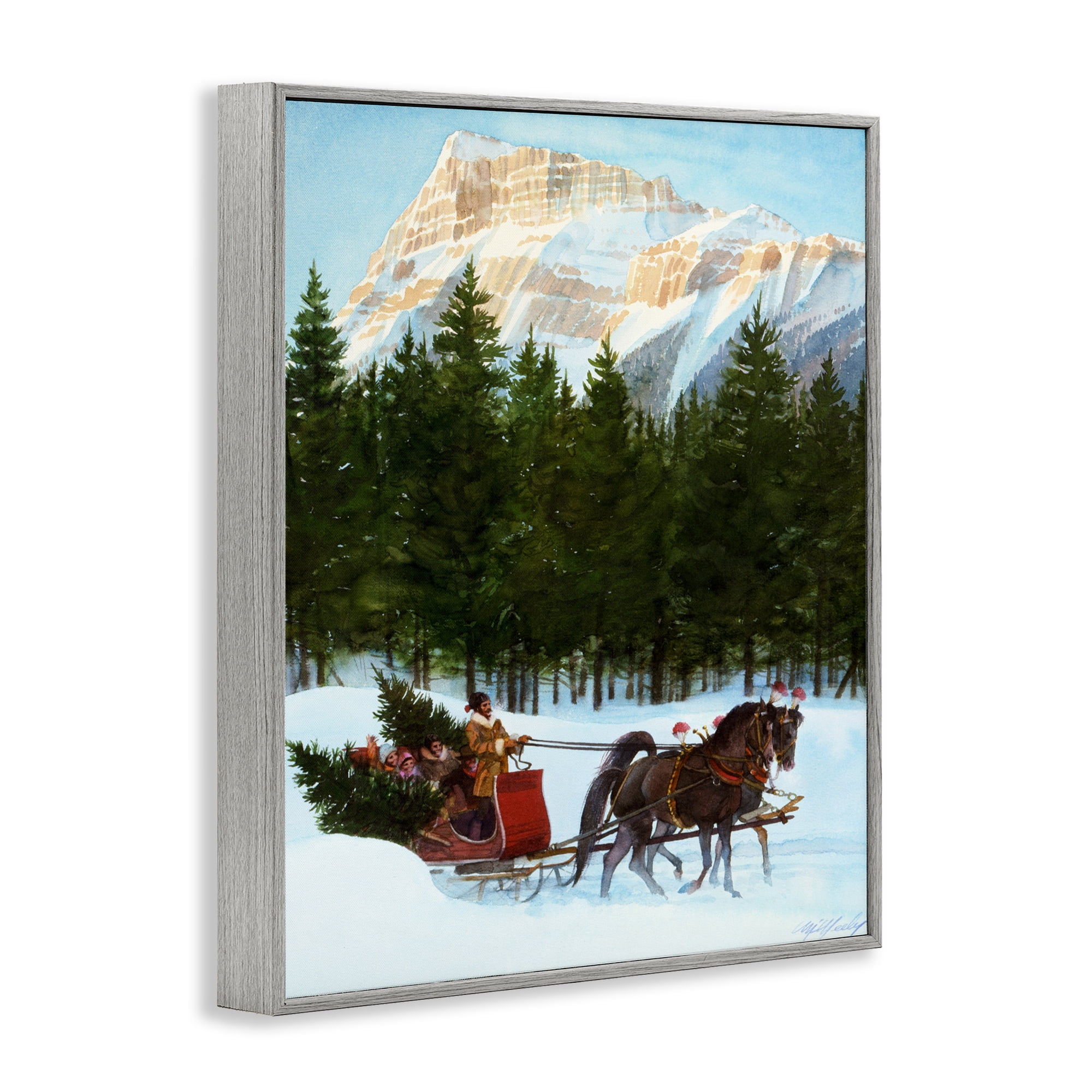 Sleigh Ride Carrying Trees Gray Framed Giclee Art, design by Wind River Studios