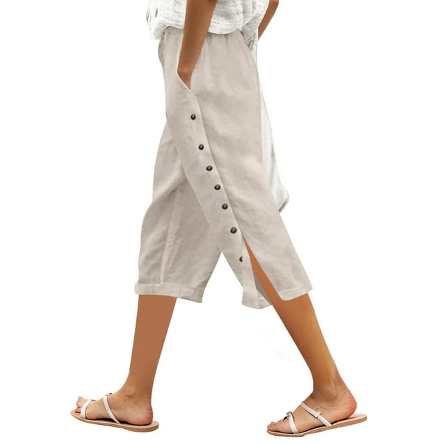 SNKSDGM My Items Women’S Solid Color Elastic Waist Loose Fit Side Button Functional Three Quarter Casual Pants Made in Canada