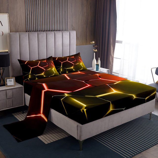 Erosebridal Teens Geometry Bed Sheets Set Twin Size, Futuristic Abstract Bed Sheets Twin, Minimalism Decor, 3pcs