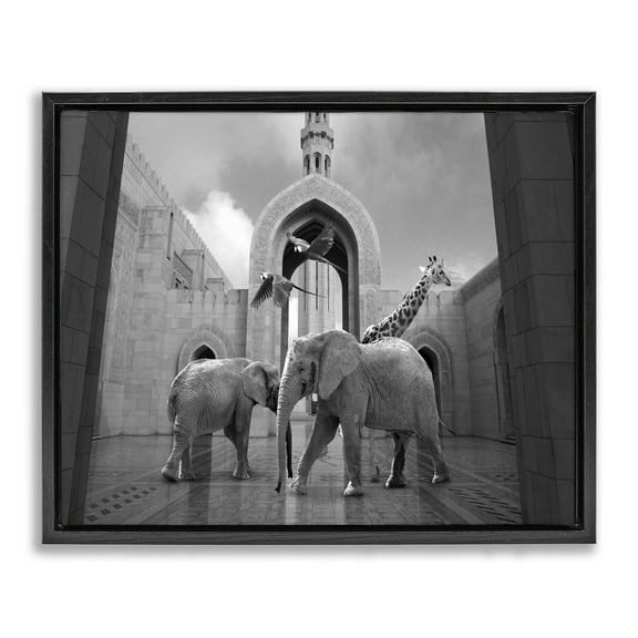 Stupell Industries Animals In Arabesque Architecture Animals & Insects Painting Black Floater Framed Canvas Art Print Wall Art, 21 x 17