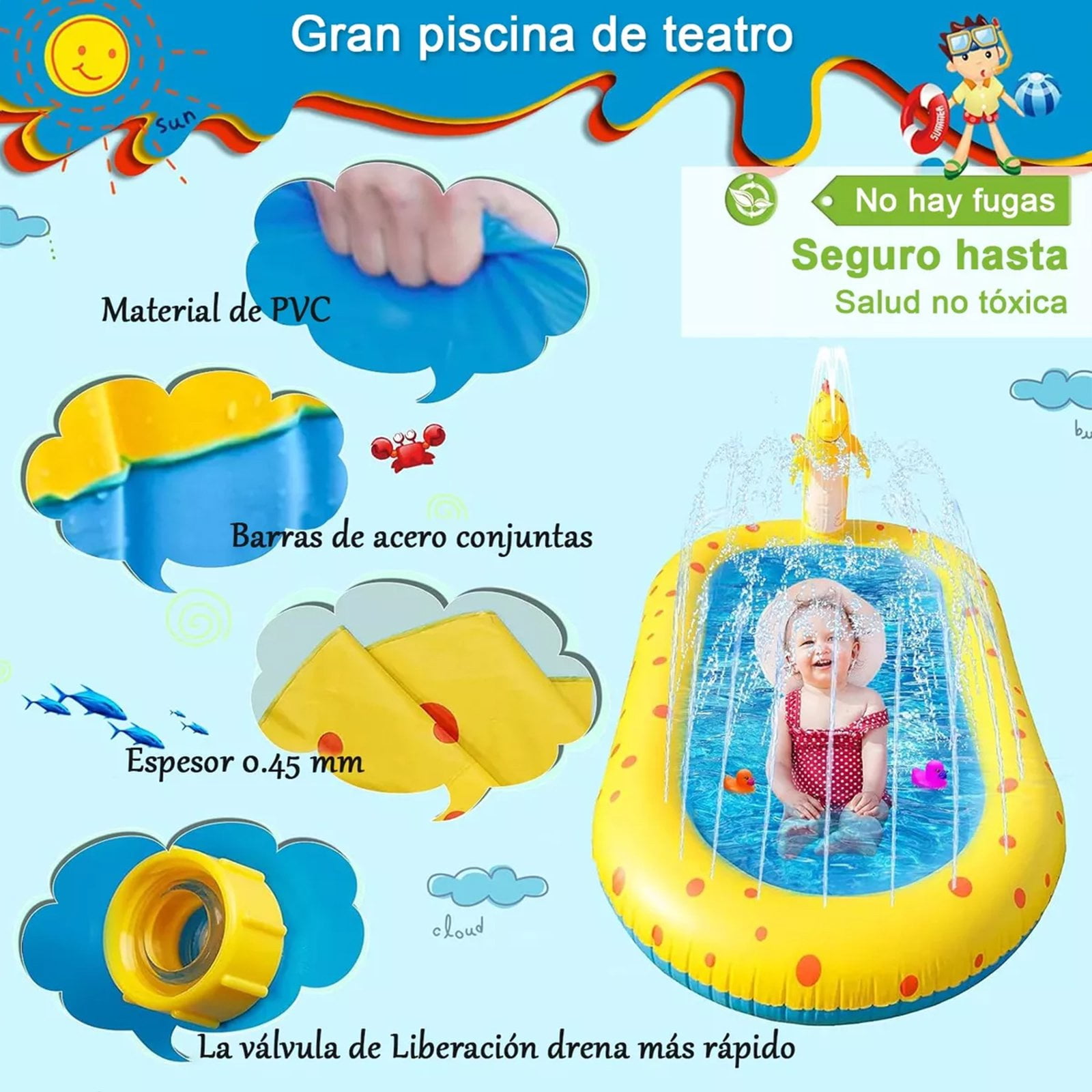 Inflatable Sprinkler Pool , Cute Dinosaur Pool, 3-in-1 Backyard Splash Pad Swimming Outdoor Water