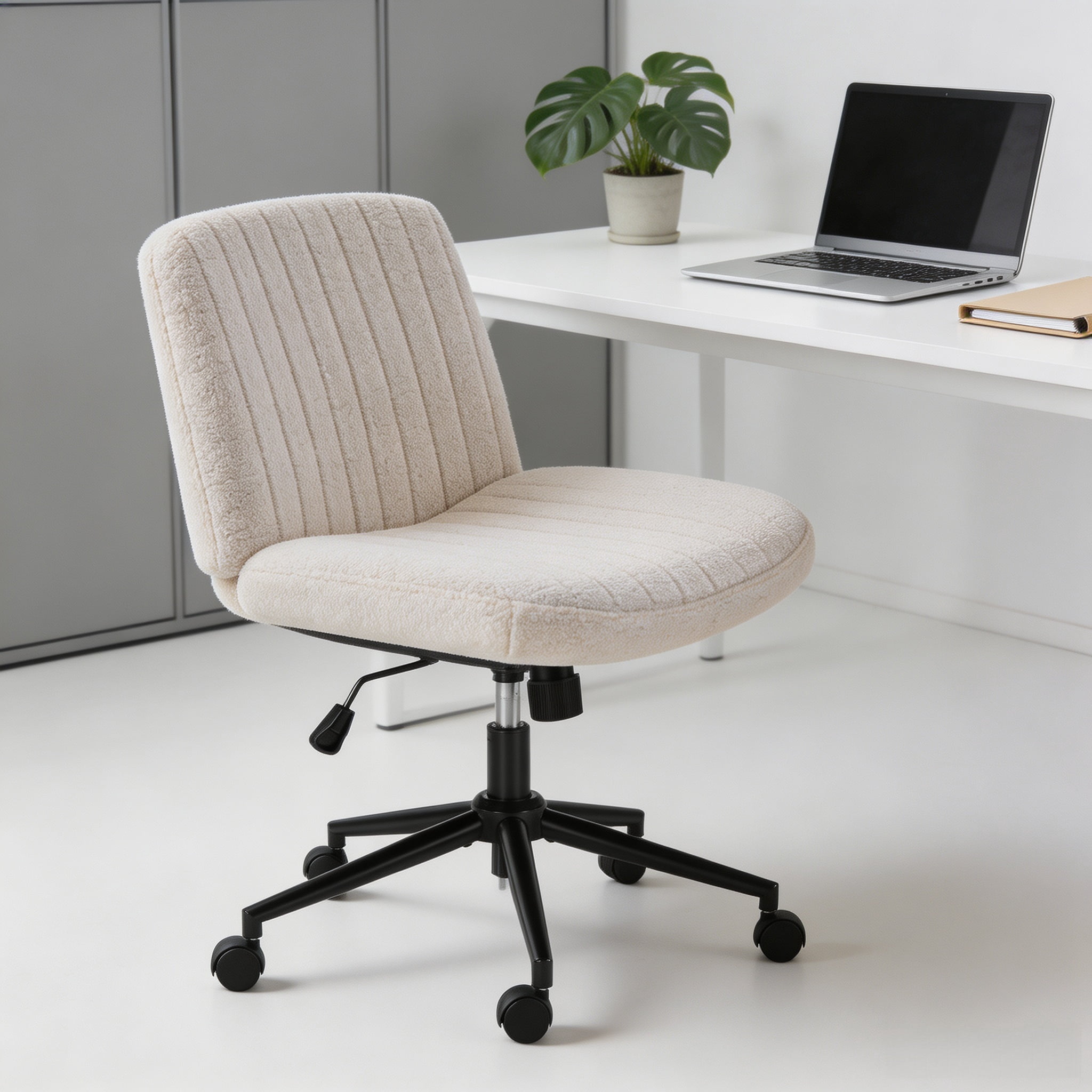 Office Desk and Vanity Chair, Armless Cross-Legged Swivel Task Chair with Wide Fabric Seat, Height Adjustment, and Replaceable Wheels or Fixed Base
