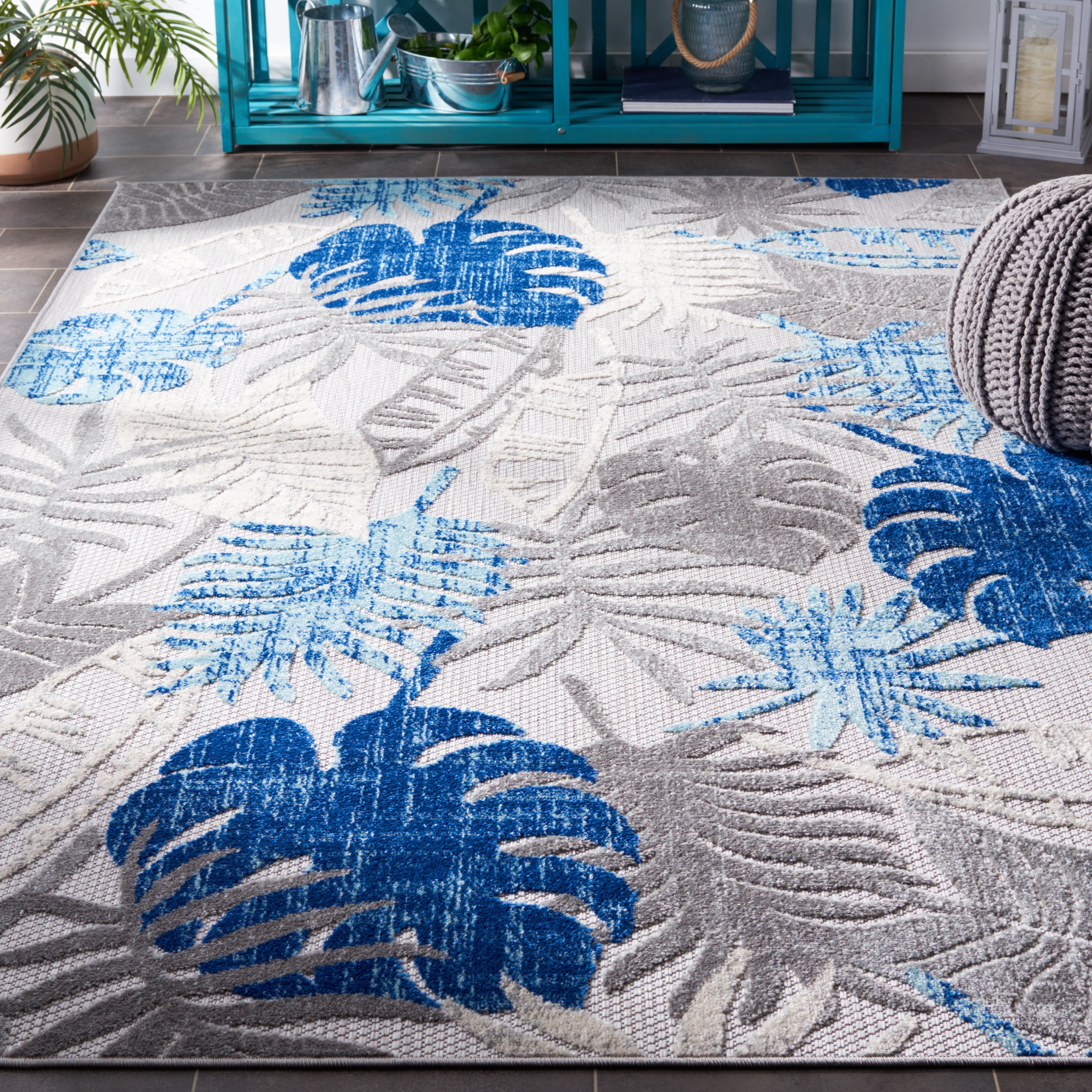 SAFAVIEH Cabana Kuzman Botanical Indoor/Outdoor Area Rug, Grey/Blue, 4' x 6'