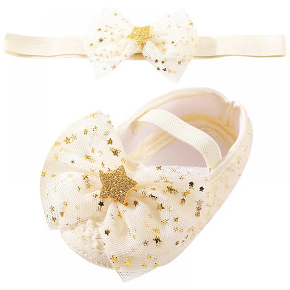 MAGAZINE 0~18M Baby Girl Shoes Net Yarn Bowknot Star Shoes Soft Sole Walking Shoes With Headband