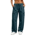 thumbnail image 2 of Inverelee Women's Drawstring Elastic Waist Multi Flap Pocket Cargo Wide Leg Pants Adjustable Ankle Cuff Casual Streetwear Trousers Navy XXL, 2 of 7