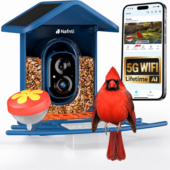Nafnti 2K Bird Feeder with Camera, Lifetime Free AI Bird Recognition with 10000 , Bird Feeder Camera Solar Powered, 5GHz/2.4GHz, IP65 Weatherproof, Phone App