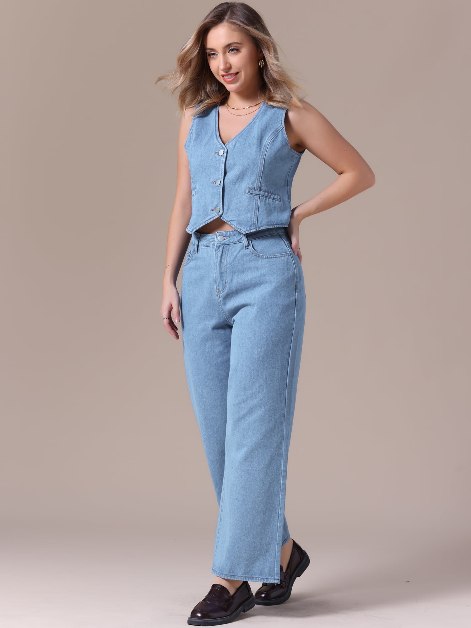 DARING DIVA Women's Denim Set 2 Pieces Outfits Matching Wide Leg Jeans S Light Blue