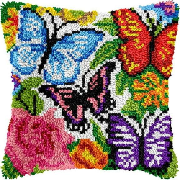 Butterfly Latch Hook Kits Pillow DIY Rug Crochet Hook Cushion Making Kits Printed Pattern Canvas Pillowcase Hooking Kits Pillow Cover Crochet Kits 43x43cm(fs64)
