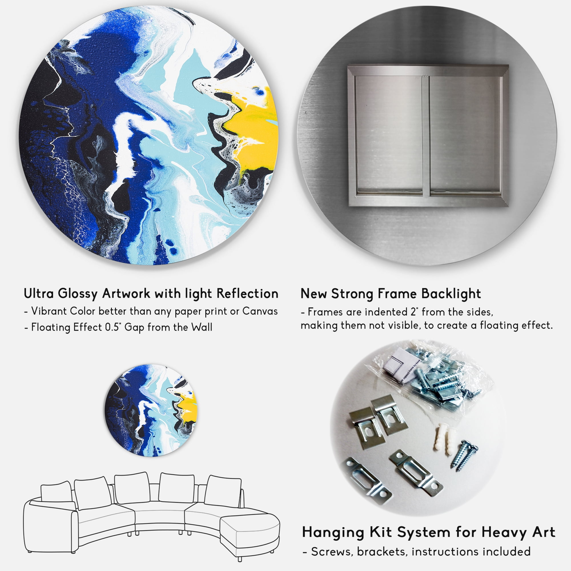Designart 'Abstract Blue and Yellow Waves' Modern Circle Metal Wall Art 23x23 - Disc of 23
