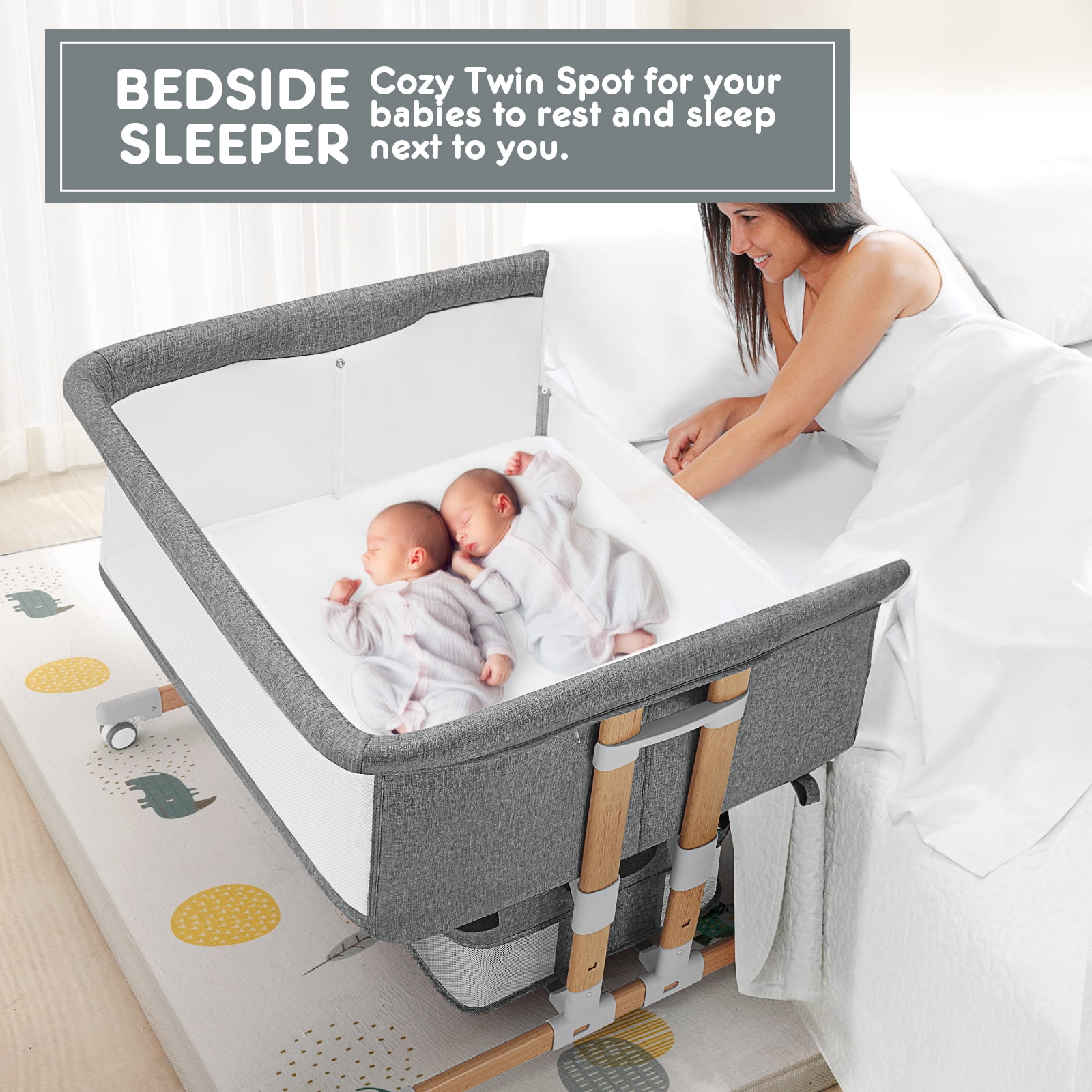 HARPPA Bassinet for Twins Height Adjustable Easy Folding Gray Walmart