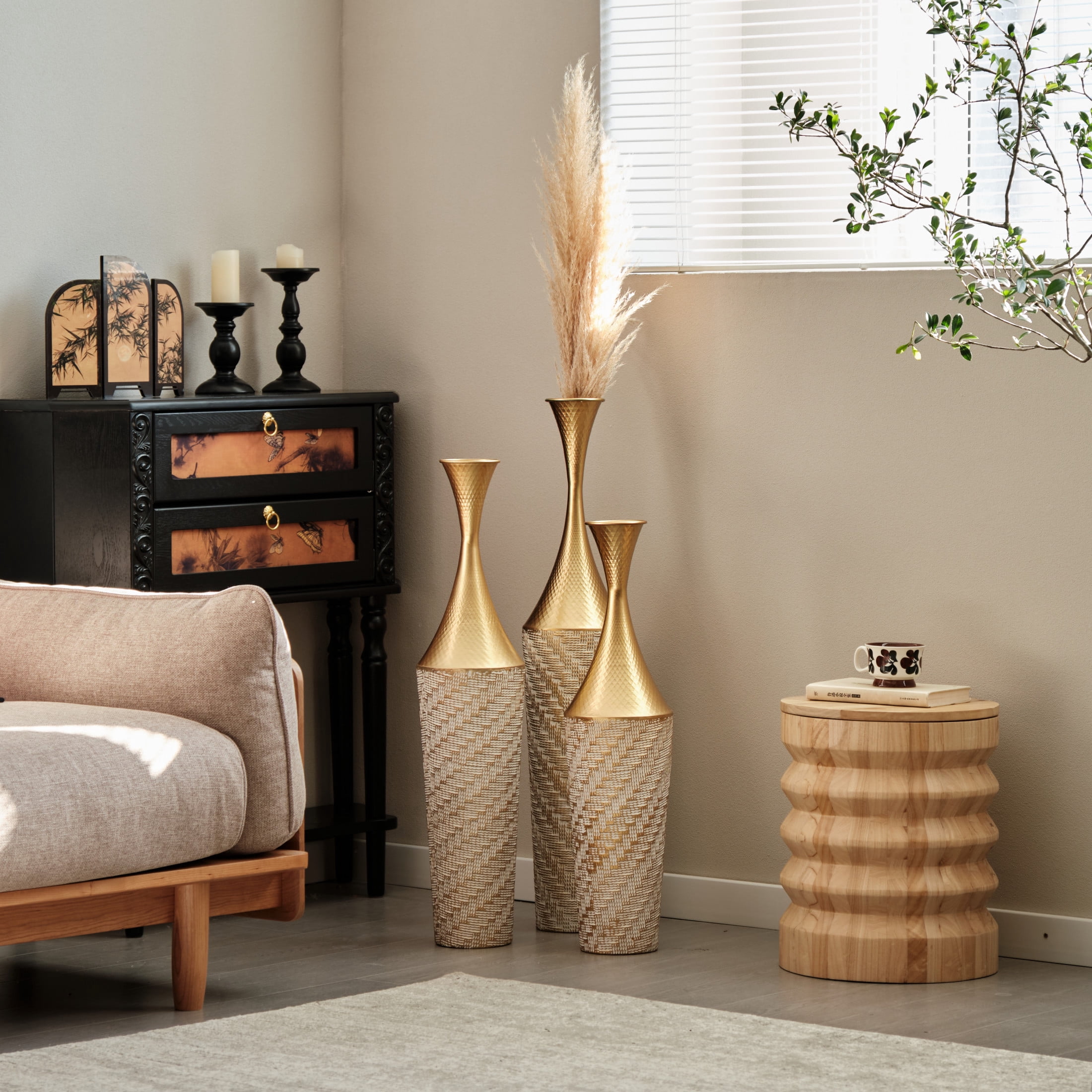Noble House 27.56", 31.5", 35.43" Metal Floor Vase Set of 3, Textured Handcrafted Vases, Gold+White