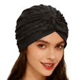 thumbnail image 2 of Pleated Velvet Turban Hat for Women - Soft Stretchy Pre-Tied Head Wrap with Top Knot, Solid Color Headscarf for Daily Wear, Chemo, or Sleep Brown, 2 of 4