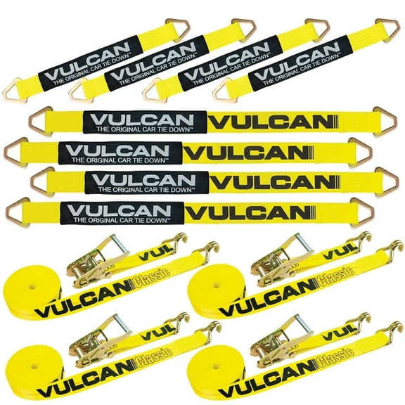 VULCAN Complete Axle Strap Tie Down Kit, Wire Hook Ratchet Straps, Yellow, (4) 22 inch Axle Straps, (4) 36 inch Axle Straps, and (4) 15' Wire J Hook Ratchet Straps