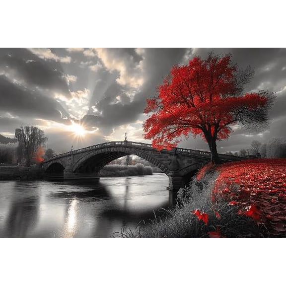 Fun Jigsaw Puzzle for Adults 1000 Pieces Black and White Bridge and Red Tree Wall Art Wooden Puzzles Best Brain Exercises Educational Gift Home Decor