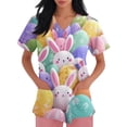 thumbnail image 5 of JoveMarine Women's Cute Cartoon Printed V-Neck Short Sleeve Scrub Top with Pockets Side Slit Workwear Blouse Kawaii Uniform for Spring Fall Daily Work Pink M, 5 of 6