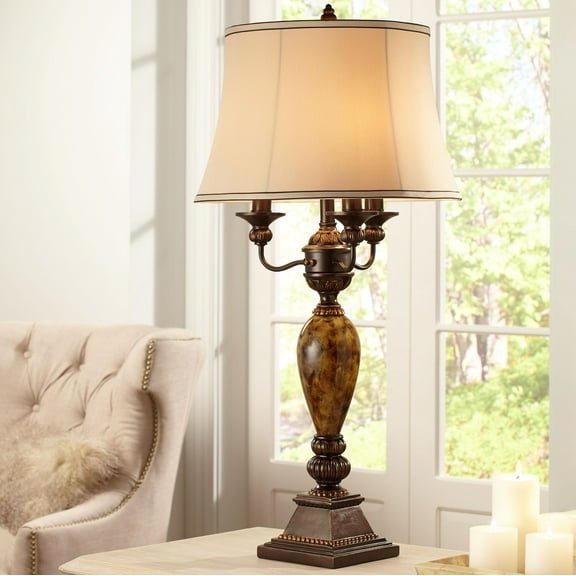 Kathy Ireland Mulholland Traditional Table Lamp 37" Tall Bronze Golden Marbleized with Dimmer White Bell Shade for Bedroom Living Room Bedside Office