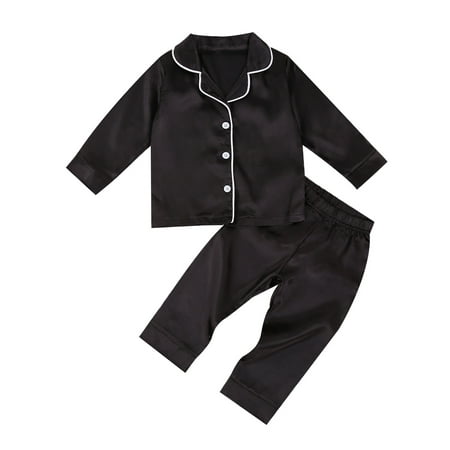 

Toddler Baby Kids Satin Pajamas Set Long Sleeve Button-Down Sleepwear PJs for Girls