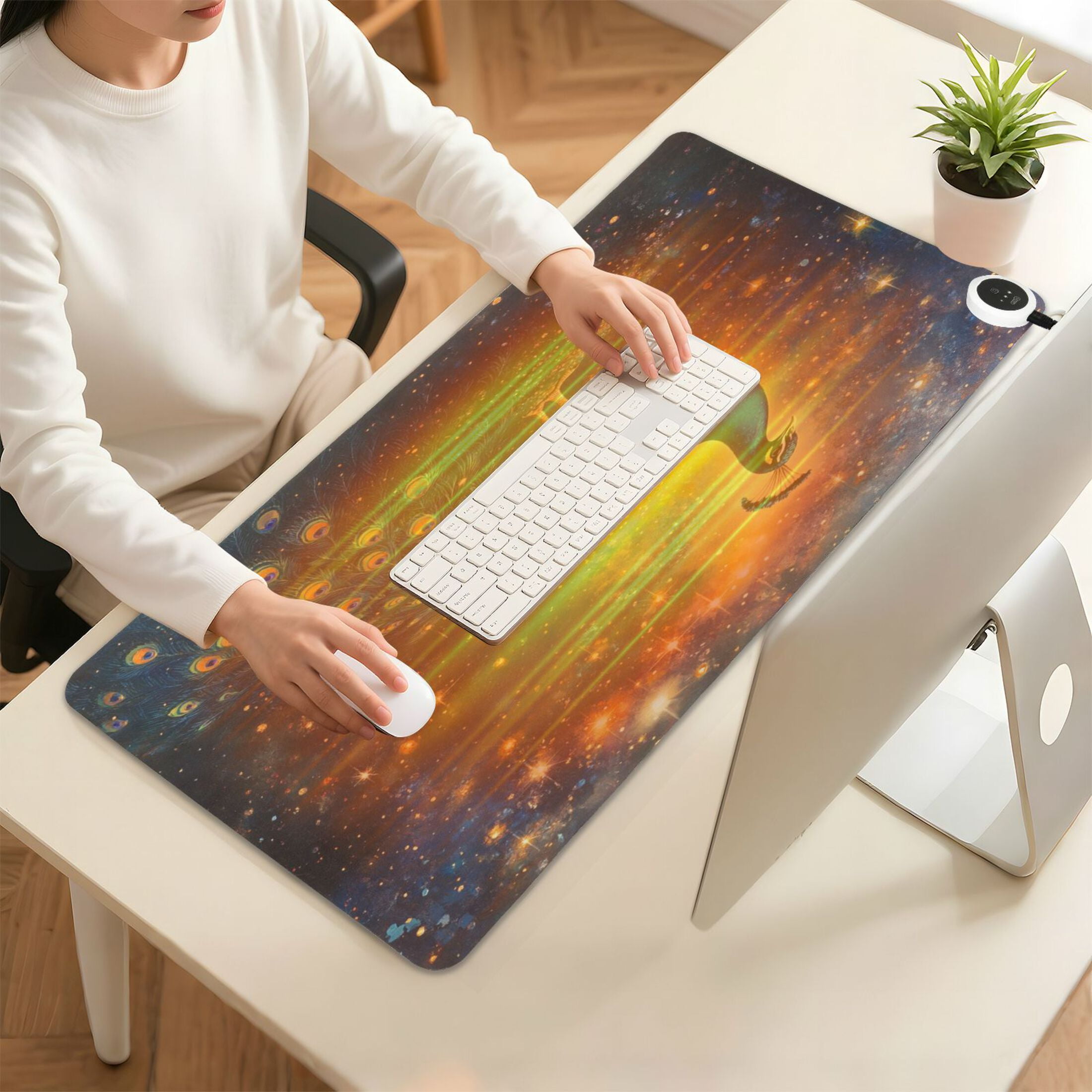 Wobogo Peacock Of Stars Heated Mouse Pad Extra-Large Desk Mat With 3 Heating Levels and 3-hour Auto Shut-Off Protection Ideal for Computer Keyboards Home Office Hand-warming Essential 31.5in × 13in