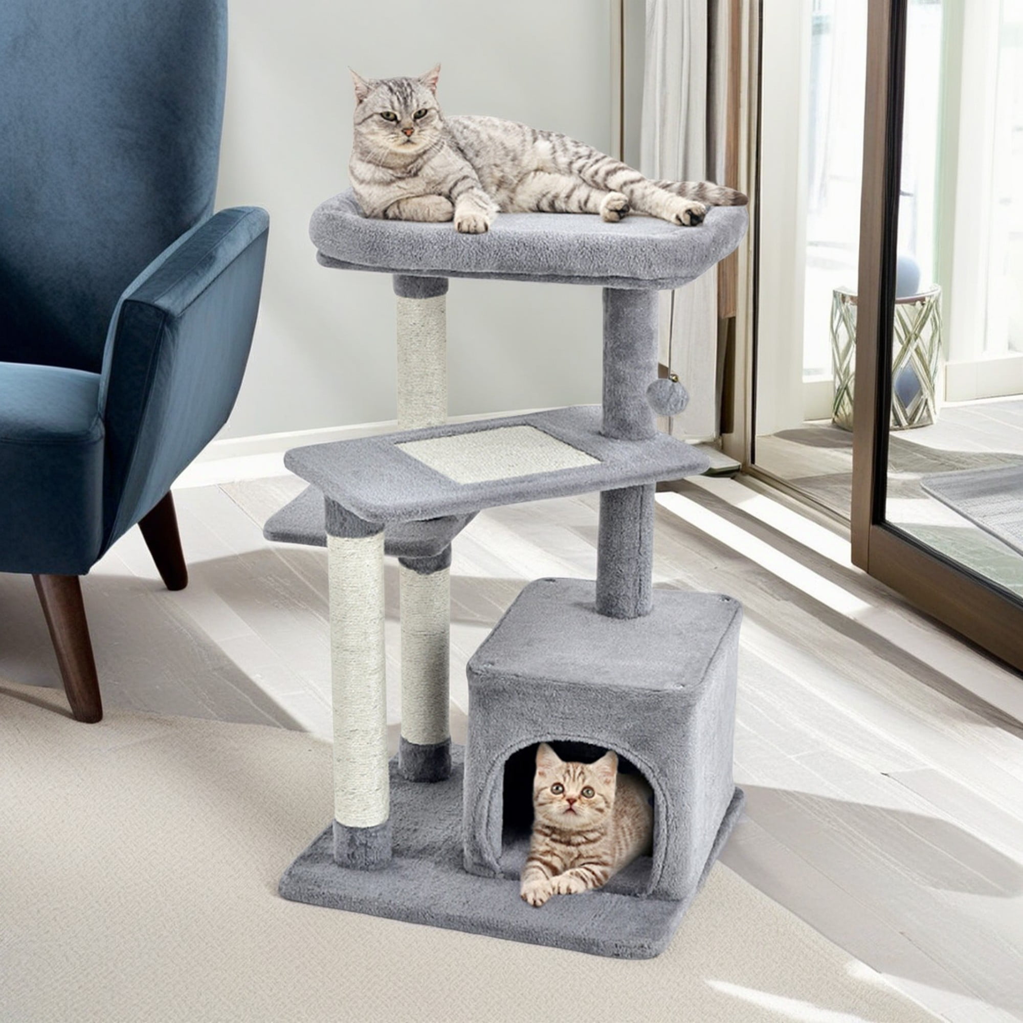 Kadyn 33" Cat Tree Tower, Small Cat Condo with Sisal Scratching Post and Massage Post, Cat Tree House with Perch and Hanging Ball, Gray