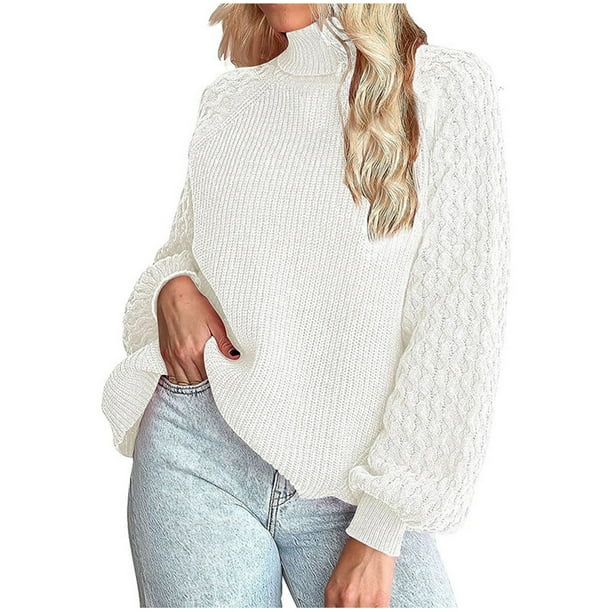 Puntoco Suéter Casual De Mujer Color Sólido Flor Trenzada Manga Larga Jersey De Punto Suéter De Cuello Alto Liquidación De Navidad Puntoco Puntoco-3841