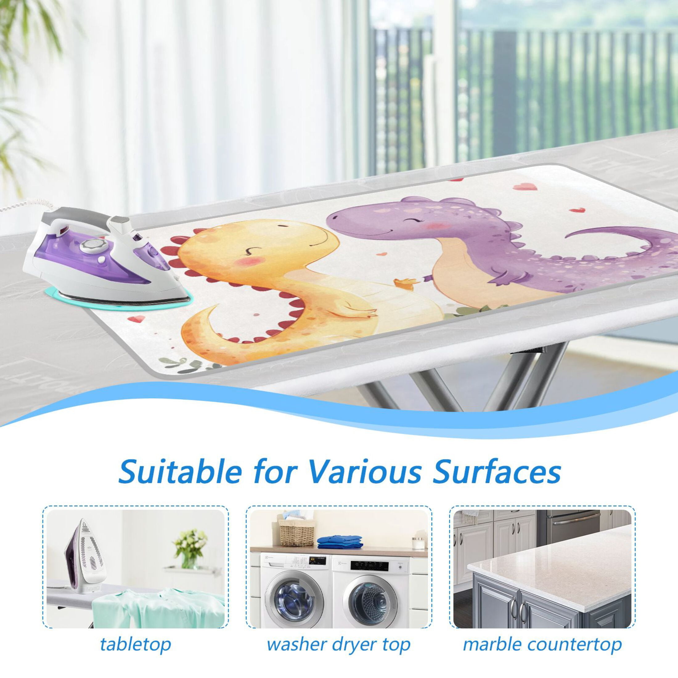 Cute Dinosaur Couple Valentine Hearts Ironing Mat Blanket Portable Travel Ironing Pad Heat Resistant Pad 47.2" x 27.6”