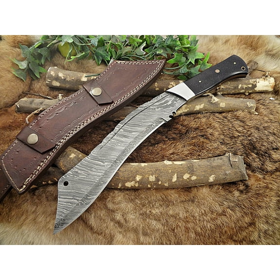 15" Long Eagle Kukri Knife, 10" hand forged Damascus steel tang blade, Natural Bull horn scale with steel bolster, comes with Cow hide Leather sheath