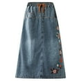 thumbnail image 2 of FAOWME Women's Denim Skirt Drawstring Elastic Waist Flower Embroidery A Line Comfortable Fashion Mid Length Skirts With Pockets For Daily Wear,Blue,L, 2 of 9