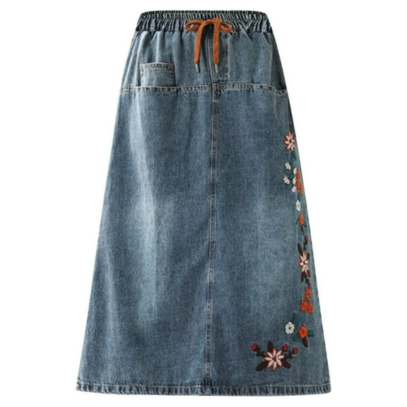 YUEJUIR Spring and Summer Half Skirt Elastic Waist A Line Skirt High Waist Embroidery Denim Retro Mid Length Style Slimming (Blue,M)